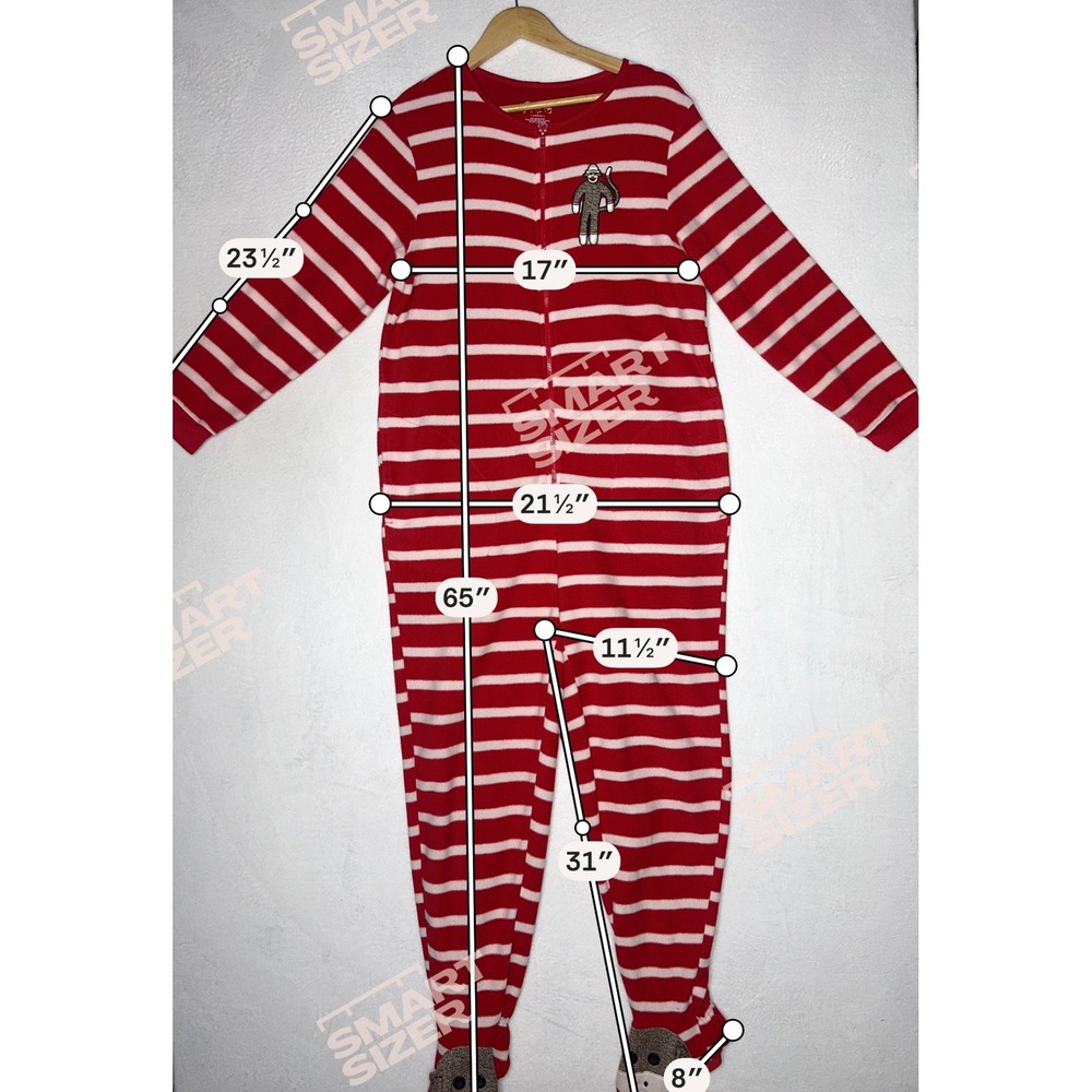Nick & Nora Sock Monkey Footed One Piece Pajamas Small Red White Striped Fleece - Picture 7 of 7